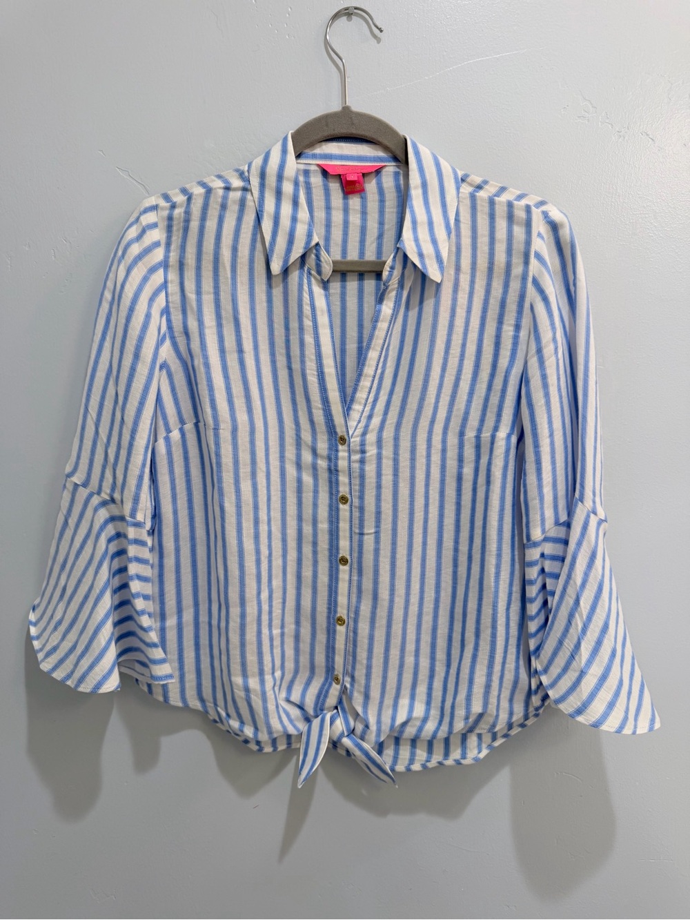 Lilly Pulitzer Blue White Striped Bell Sleeve Tie Front Blouse Coastal Small - Picture 3 of 10